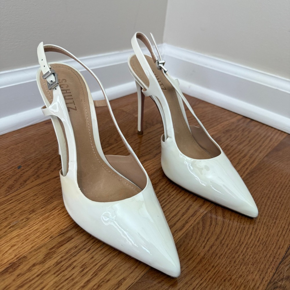 Schutz White Patent Leather Slingback Pointed Toe Stiletto Heels Size 8B Brazil